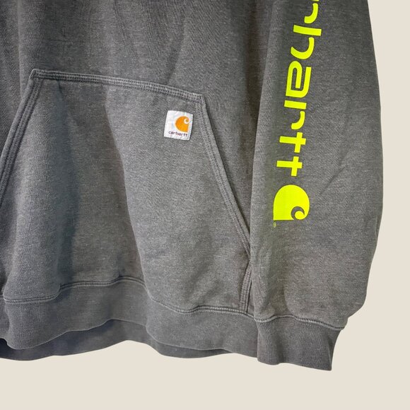 Carhartt Mens Loose Fit Gray Hoodie Neon Sleeve Logo Kangaroo Pocket Size XL - Picture 4 of 9